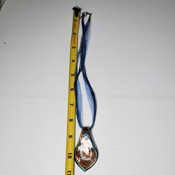 Multi Color Swirl Glass Pendant Blue Lace Necklace 18" Statement - Picture 5 of 5